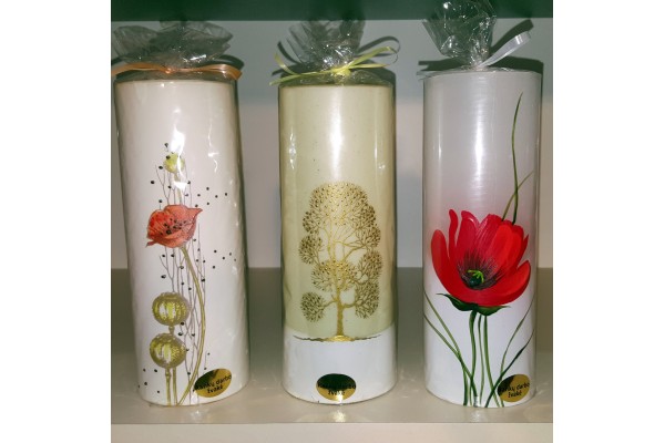 Cilindrinės žvakės, Dekoruotos, 7x20 cm