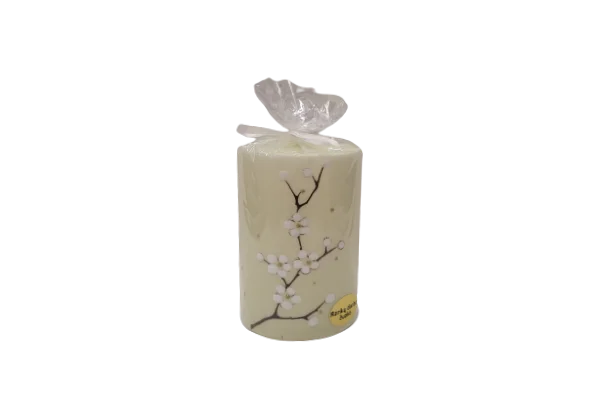 Cilindrinė žvakė, žalsva su gėlytėm, Ø7x10