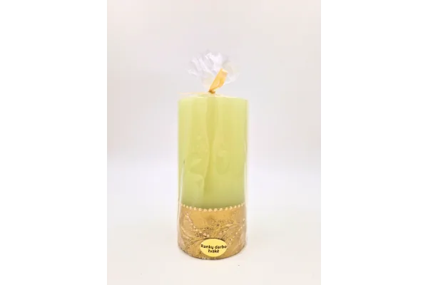 Žvakė cilindras, dekoruota, žalsva, 7x15cm