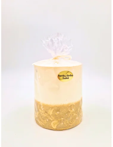 Žvakė cilindras, dekoruota, balta, 9x10cm