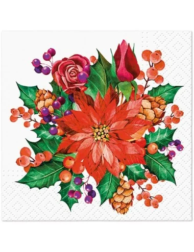 Kalėdinės servetėlės, Poinsettia With Cones, 25x25cm, 20vnt