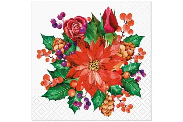 Kalėdinės servetėlės, Poinsettia With Cones, 25x25cm, 20vnt