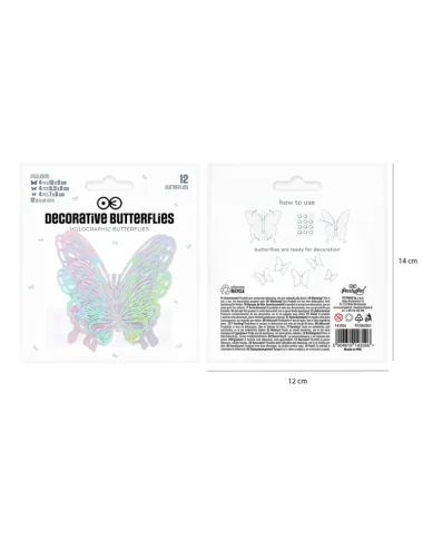 3D lipdukai drugeliai, sidabriniai holografiniai, 12vnt